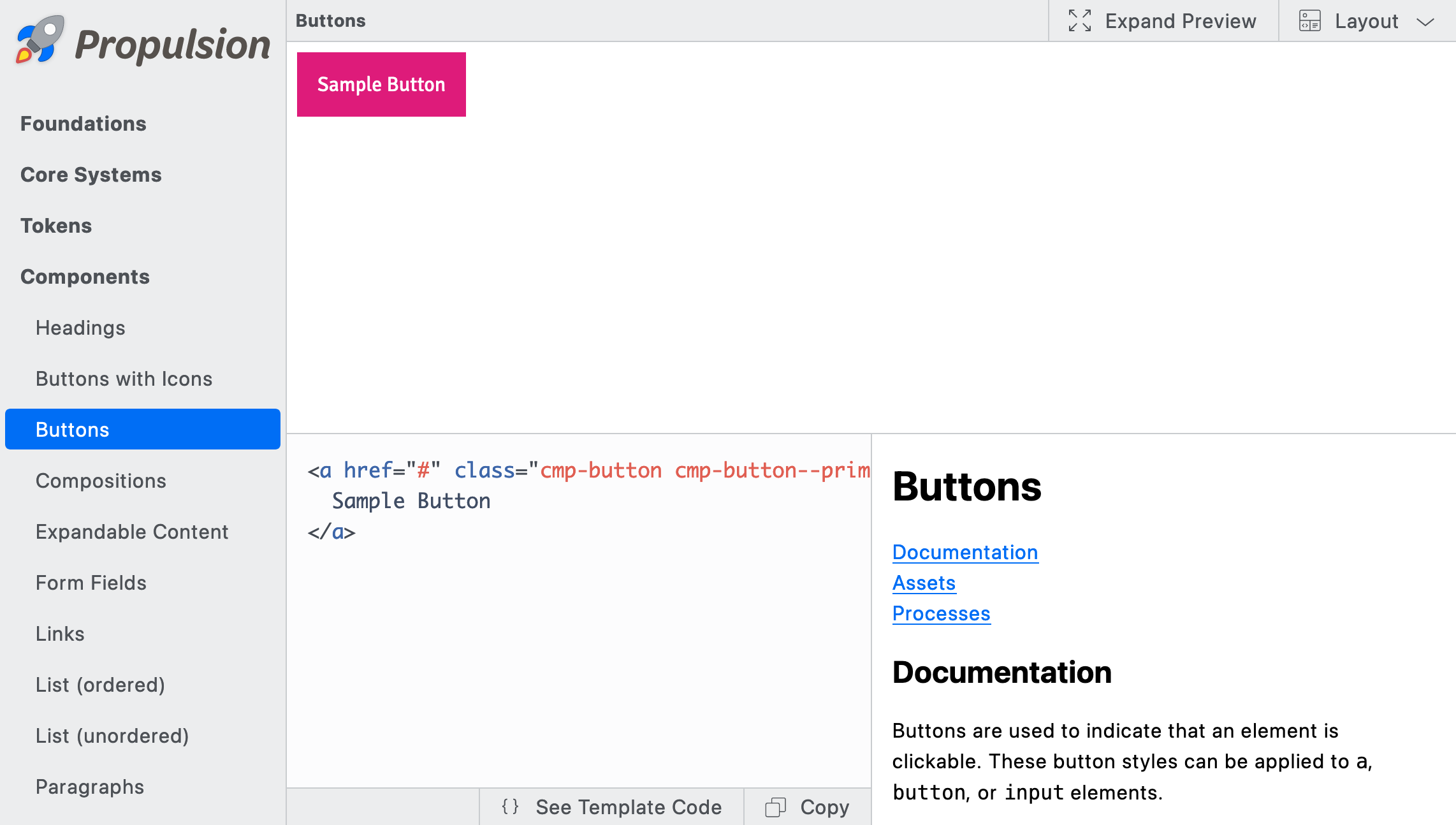 A layout consisting of a list of components on the left, a panel with a demo of a button component in the upper right, with a the code and documentation in two additional components below the demo panel.